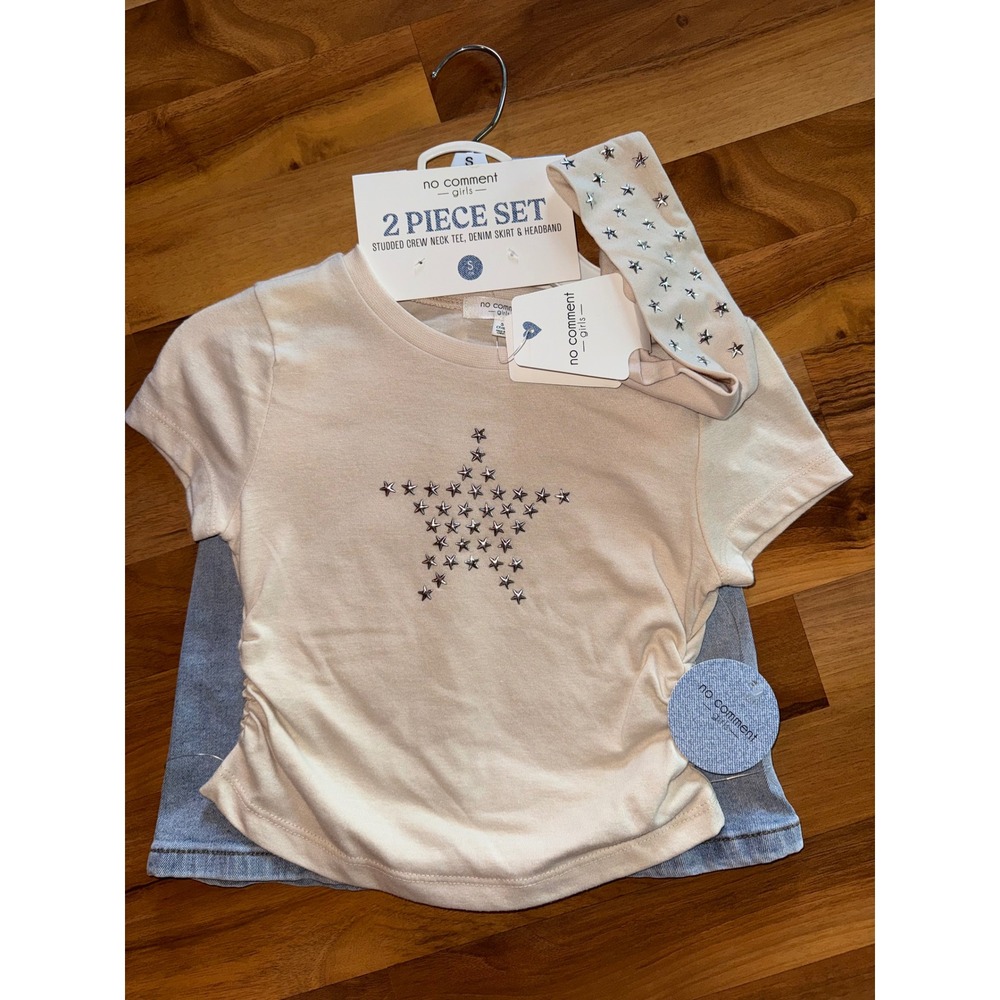 No Comment 3pc Skirt Set Girls Size S 7/8 Cream Blue NWT Studded Star Outfit